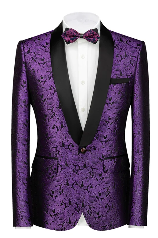 Purple Jacquard Easy Fit  Black Lapel Wedding Tuxedo