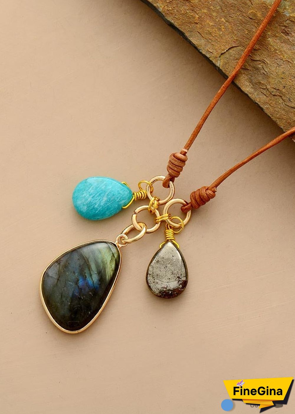 Boho Necklace, Labradorite Amazonite Leather Pendant Necklace