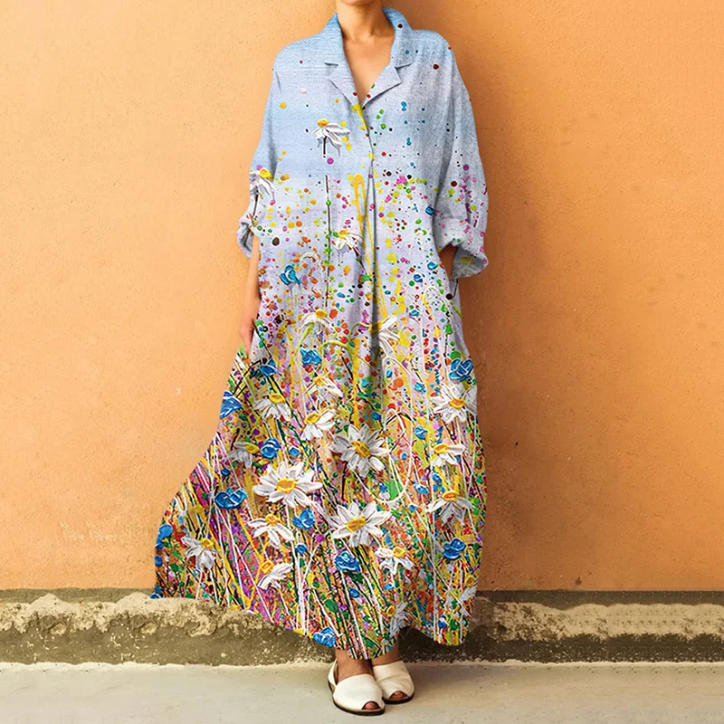 Vintage Color Floral Lapel Long Sleeve Dress