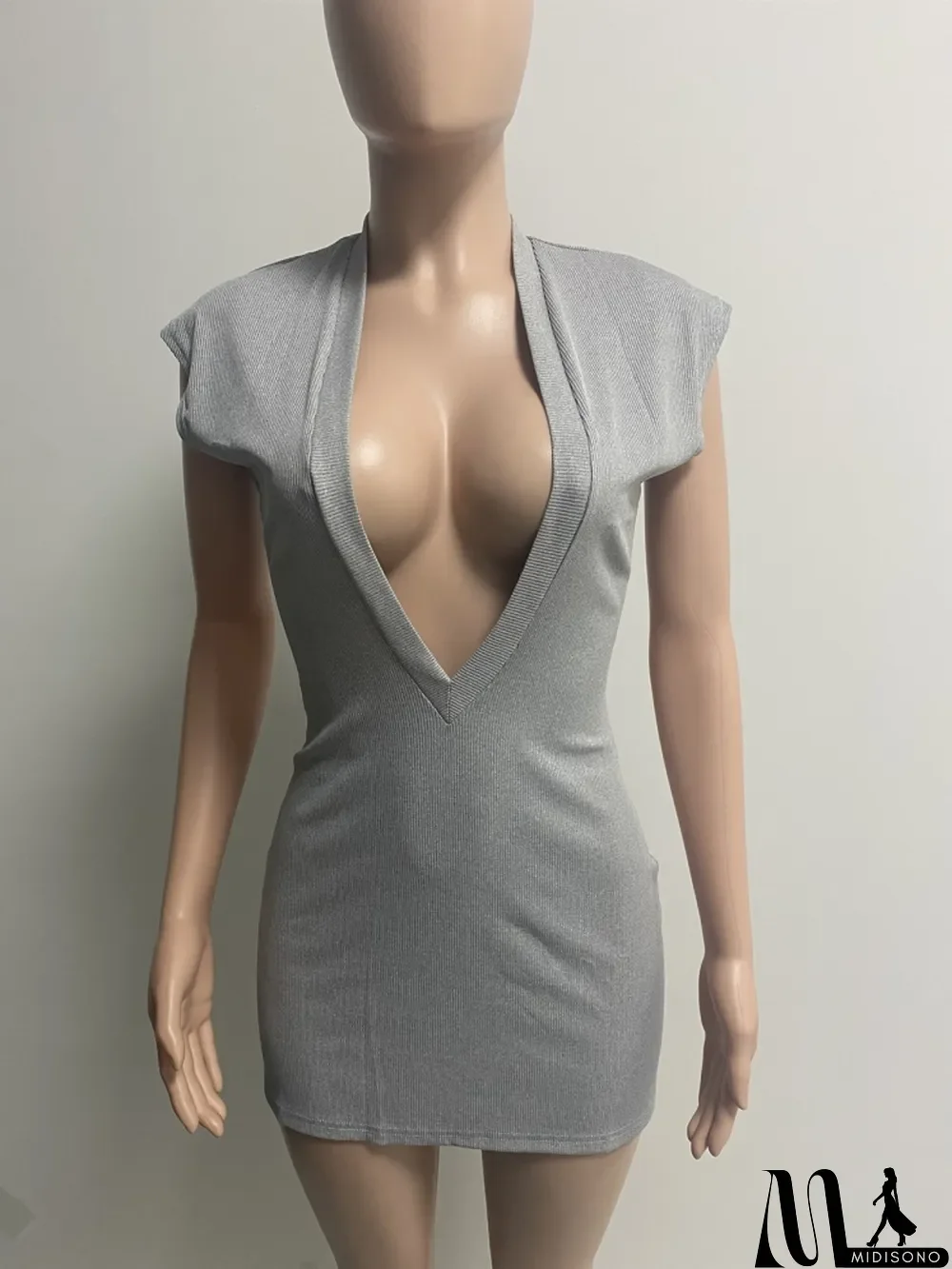 MidiSono - Women Summer Grey Sexy V-neck Short Sleeves Solid Knitted Mini Straight Club Dress