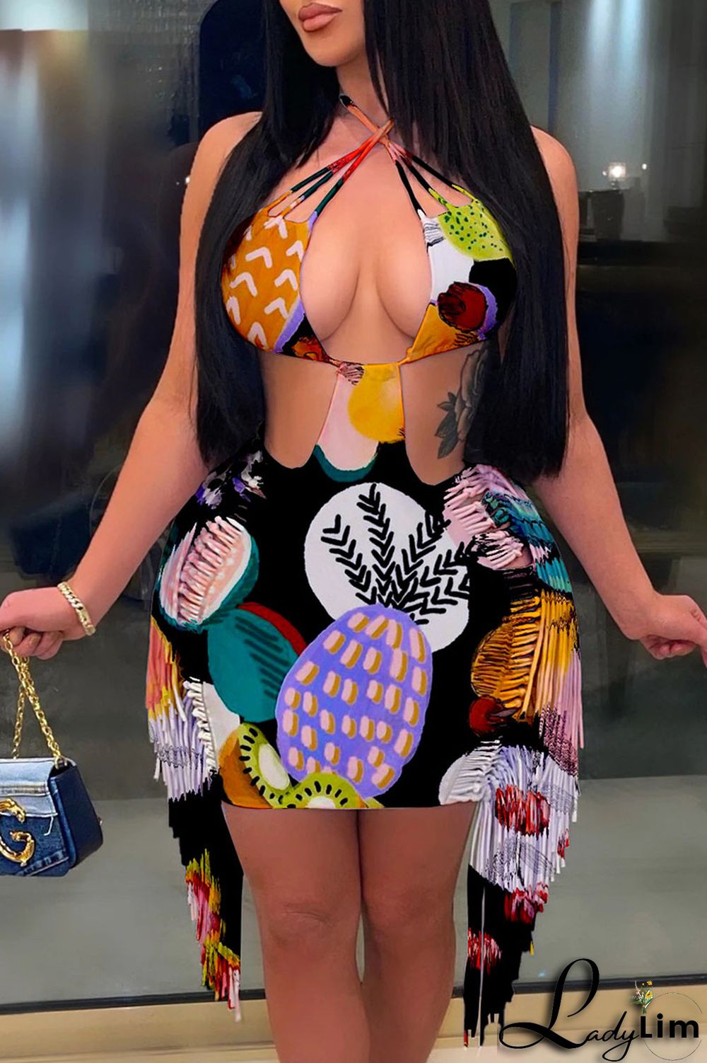 Pink Sexy Print Tassel Bandage Backless Halter One Step Skirt Dresses