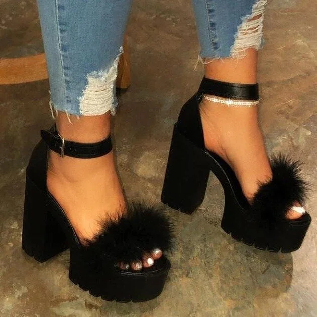Woman Furry Sandals High Heels with Fur Female Platform Pumps Women Ankle Strap Women's Wedge Shoes 2021 Summer Dropshipping