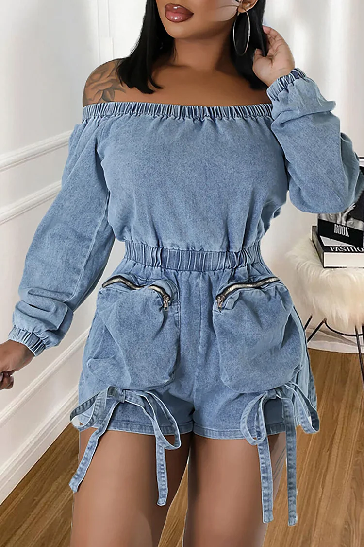 Denim Off Shoulder Long Sleeve Pockets Tie Up Cinch Waist Playsuit Romper-Blue