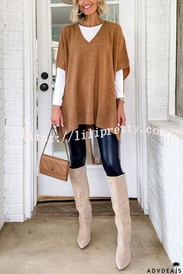 Lilipretty Fashion Comfortable and Versatile Knit Loose Poncho V Neck Sweater