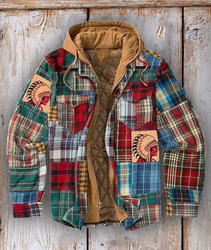 Men's Autumn and Winter Plaid Long Sleeve Loose Hooded Jacket