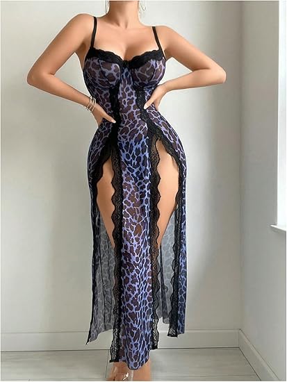 Lovingerie - Women's Leopard Lingerie Lace Babydoll Chemise High Slit Mesh Slip Nightgown Thong       