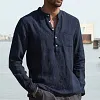 Men's Shirt Linen Shirt Maroon Shirt Solid Color V Neck White Black Gray Wine Army Green Long Sleeve Daily Vacation Tee by Inlyline