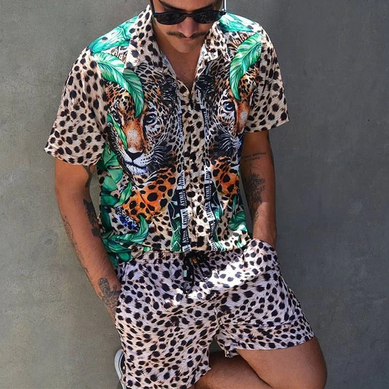 2021 New Summer Men Sets Streetwear Leopard Printed Lapel Short Sleeve Shirt Beach Shorts Hawaiian Men Suits 2 Pieces INCERUN 3X