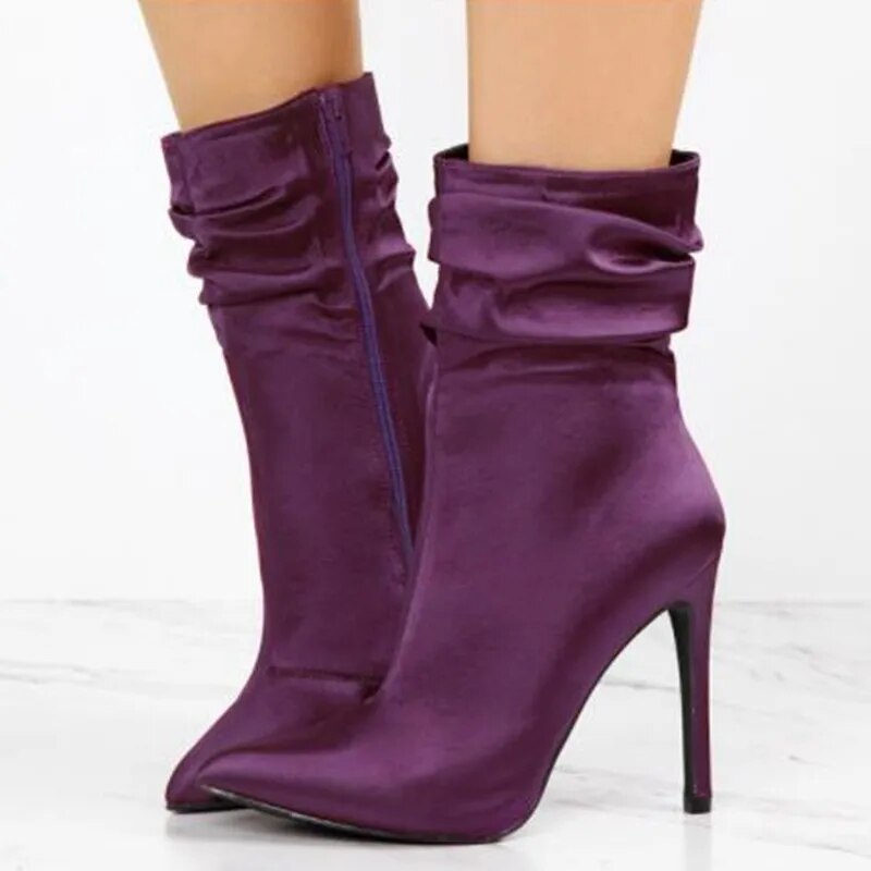 TAAFO Women's Boots Satin Fabric High Heels Show Banquet Shoes Mid Calf Boo Boots Pointed Toe Boots