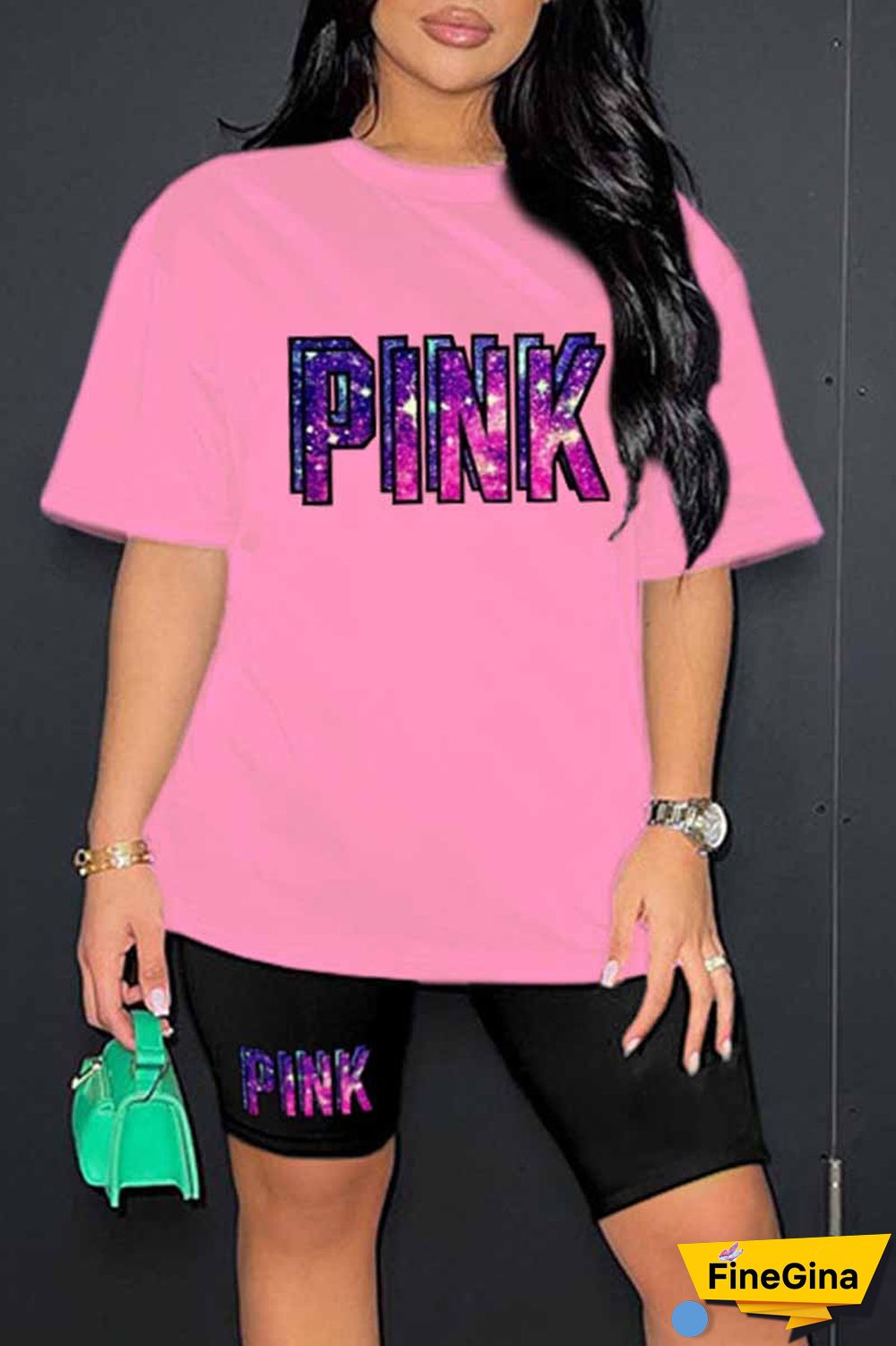 Blue Casual Print Letter O Neck Short Sleeve Two Pieces