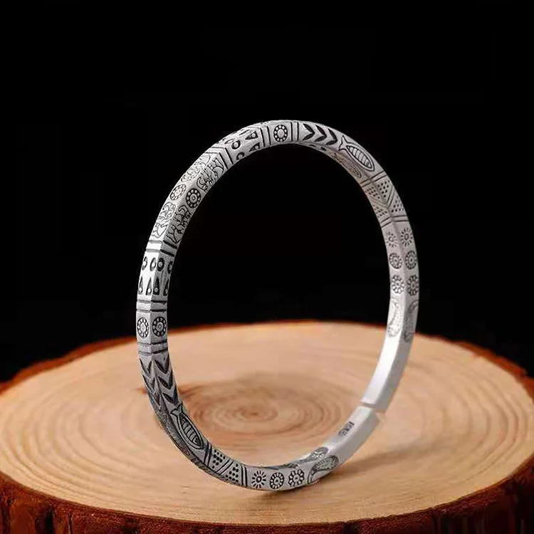 925 Silver Totem Simple Retro Style Personality Handmade Solid Open Mouth Bracelet