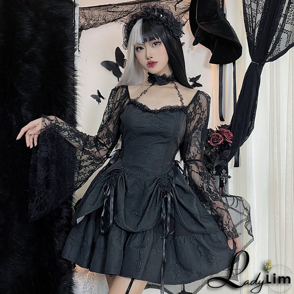 Fall Halter Neck Double Butterfly Lace Long Sleeve A-Line Swing Dress