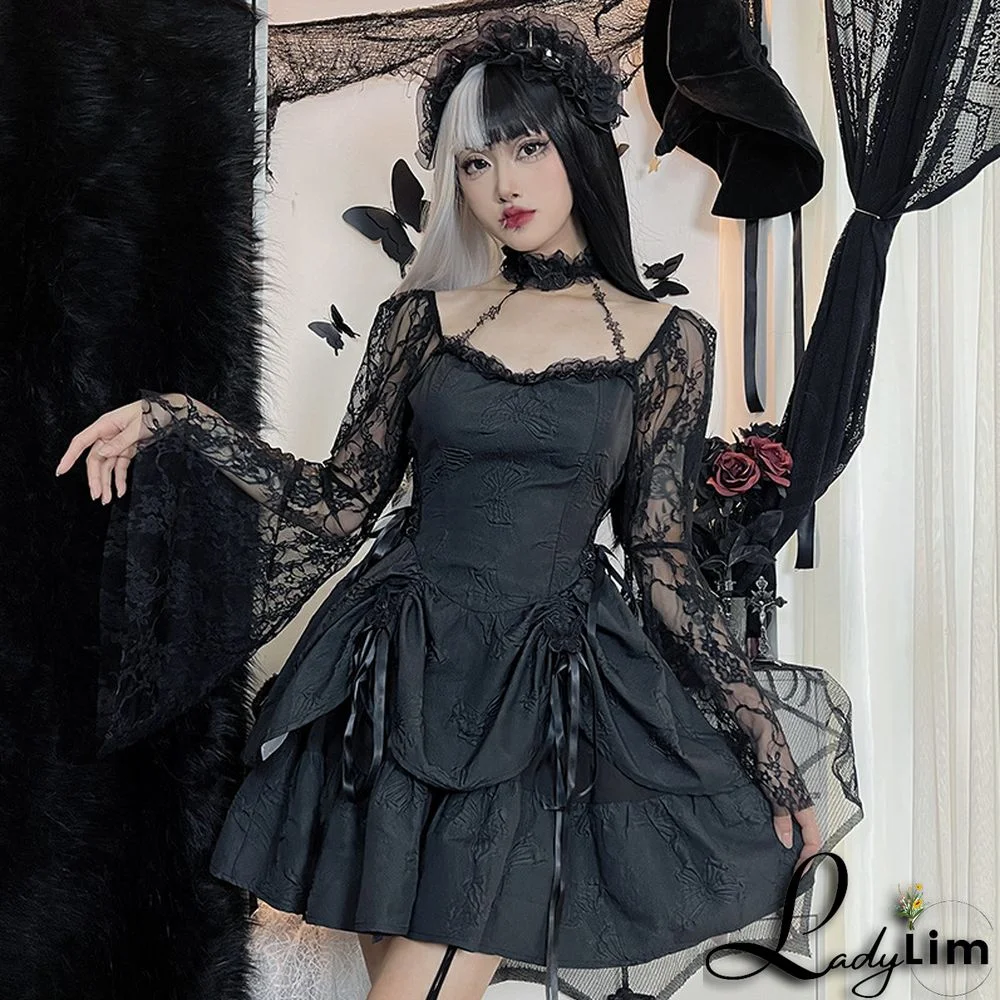 Fall Halter Neck Double Butterfly Lace Long Sleeve A-Line Swing Dress