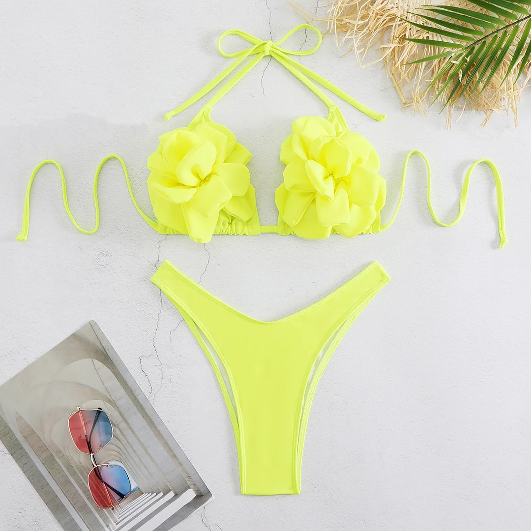 Zingj Three-Point Three-Point Three-Dimensional 3D Flower Low-Waisted Bikini Sexy Split Swimsuit Woman 2025 New Export