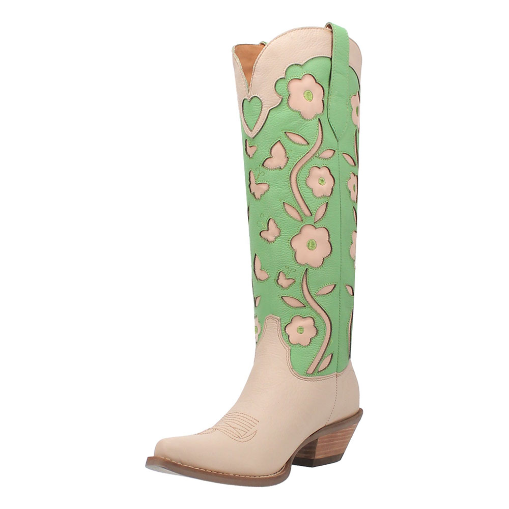 Beige & Green Snip Toe Floral Inlay Knee High Cowboy Boots for Women