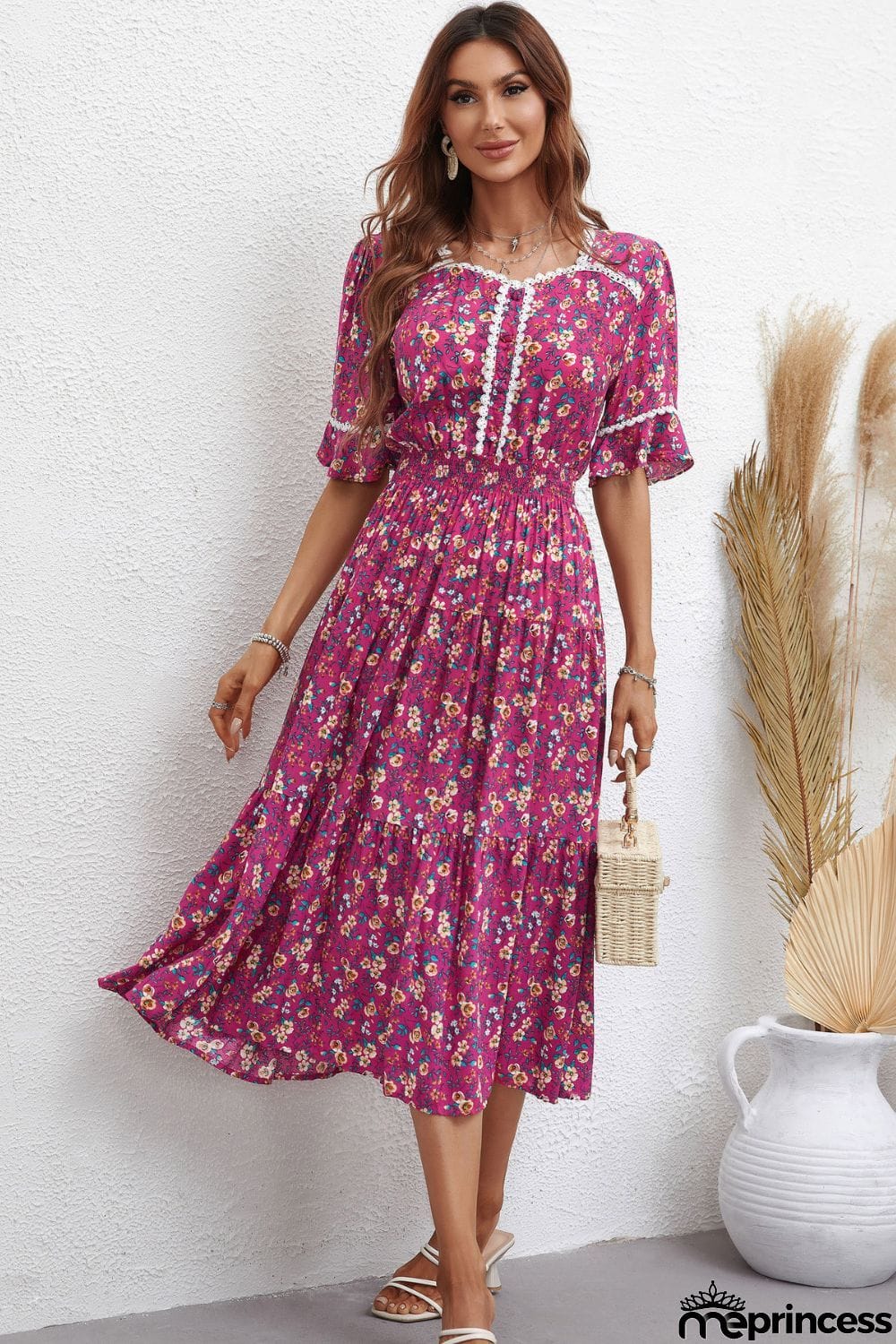 Floral Sweetheart Neck Tiered Dress