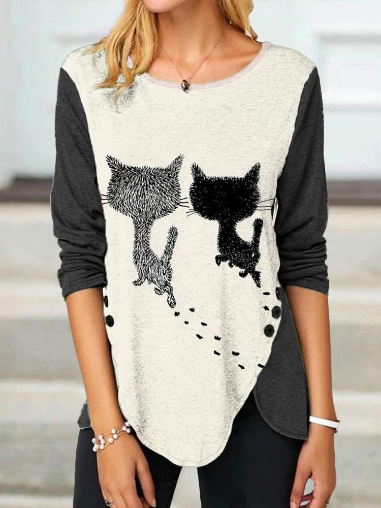 Cat Friends Printed Contrasting Color Buttons Deco Long-Sleeve