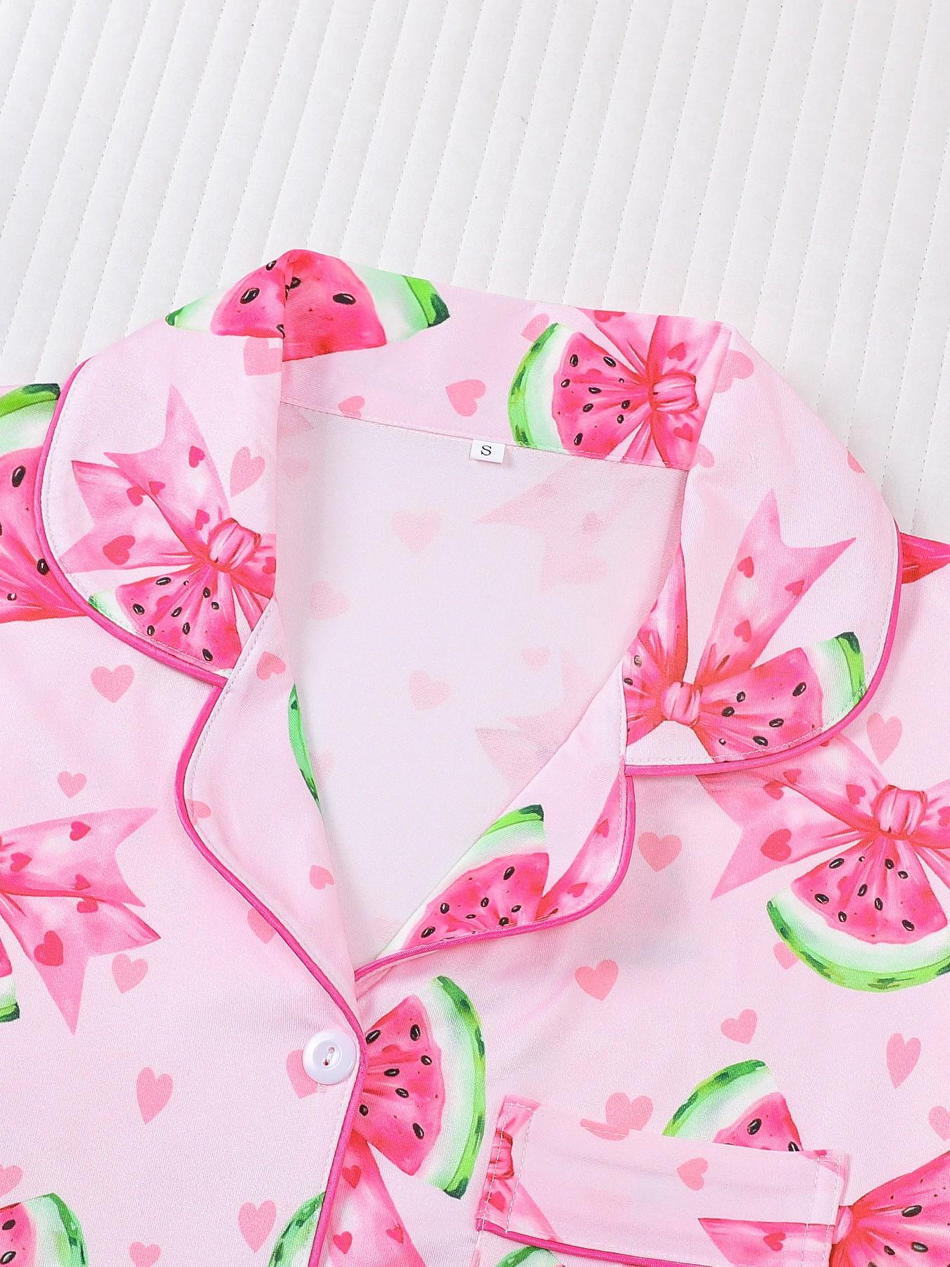 Women's 2-Piece Waffle Printed Sleepwear Set, Pajama Set, Short Sleeve Button-Up Top & Elastic Shorts, Casual All-Season Home Wear