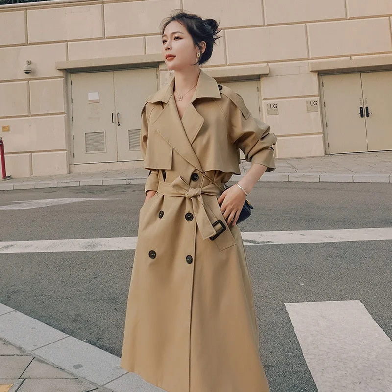 Brand New Spring Autumn Long Women Trench Coat Double Breasted Belted Storm Flaps Khaki Dress Loose Coat Lady Outerwear Fashion