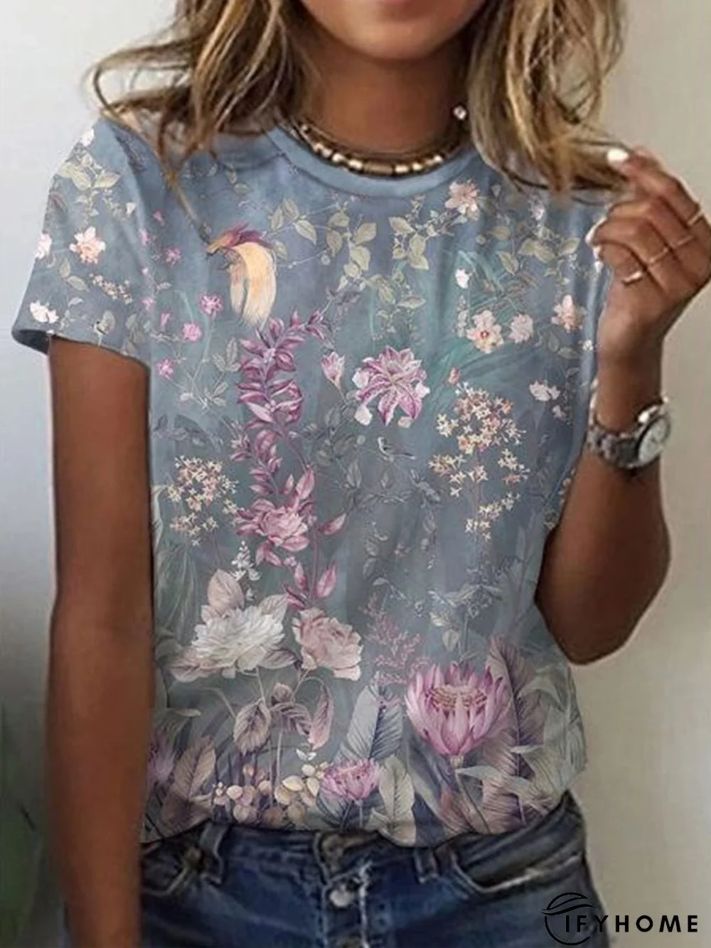 Vintage Short Sleeve Floral Printed Crew Neck Casual Top | IFYHOME