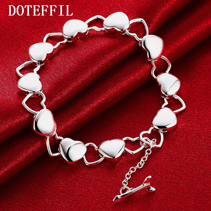 DOTEFFIL 925 Sterling Silver Solid Hollow Heart Chain Bracelet For Woman Jewelry