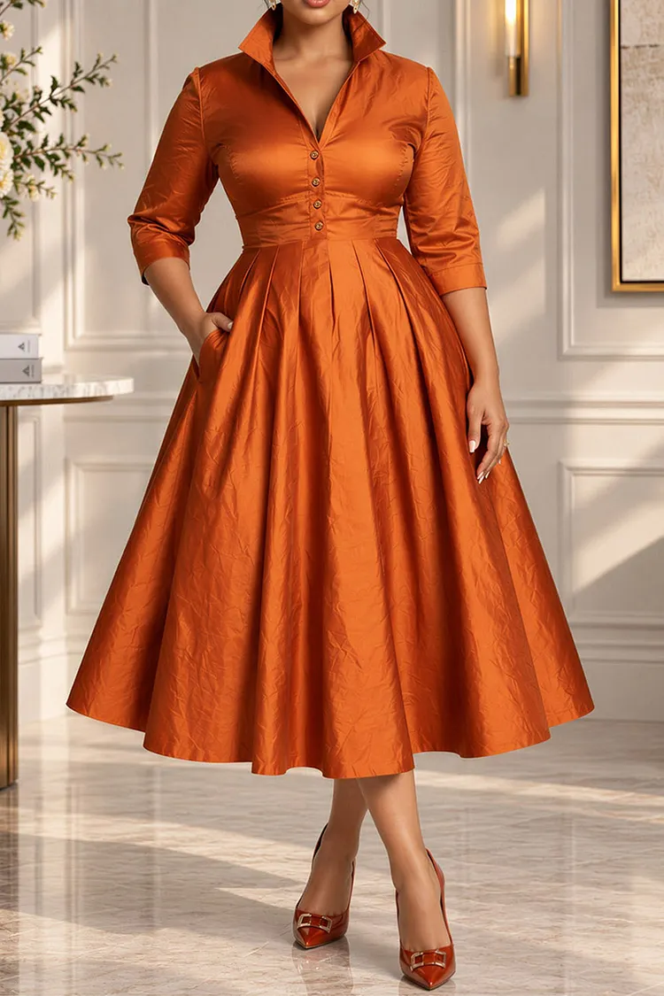 orange formal midi dress Xpluswear Design Plus Size Cocktail Party Shirt Collar Long Sleeve Pocket Pleated Satin Dresses [Pre-Order] strapless sweetheart