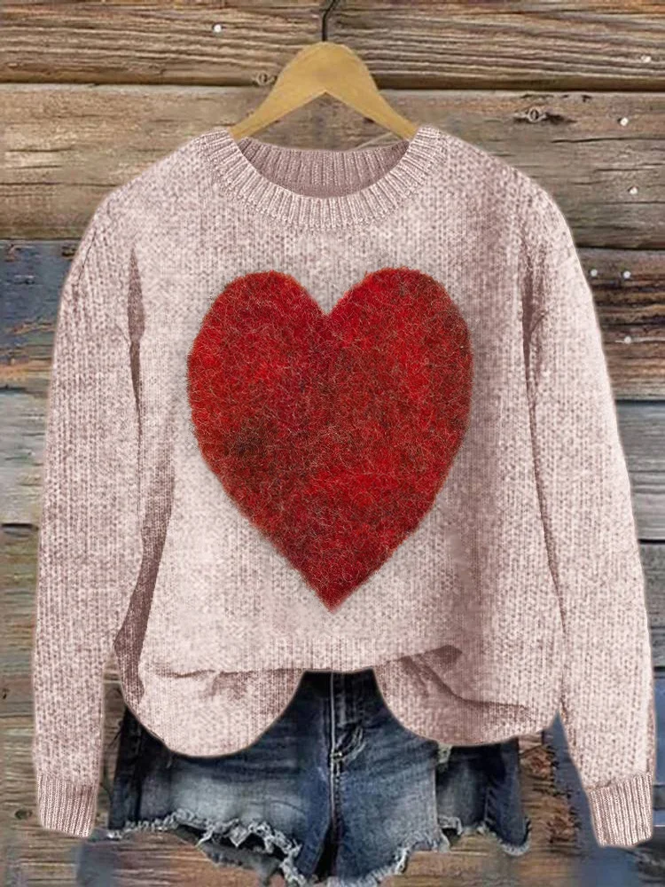 VChics Felt Art Red Heart Cozy Knit Sweater