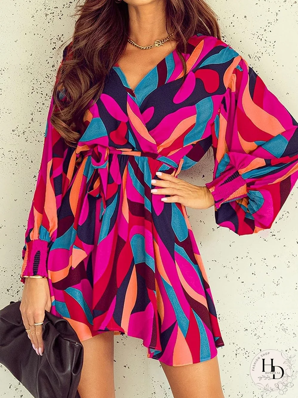 Lapel Print Lace-Up Long Sleeve Dress