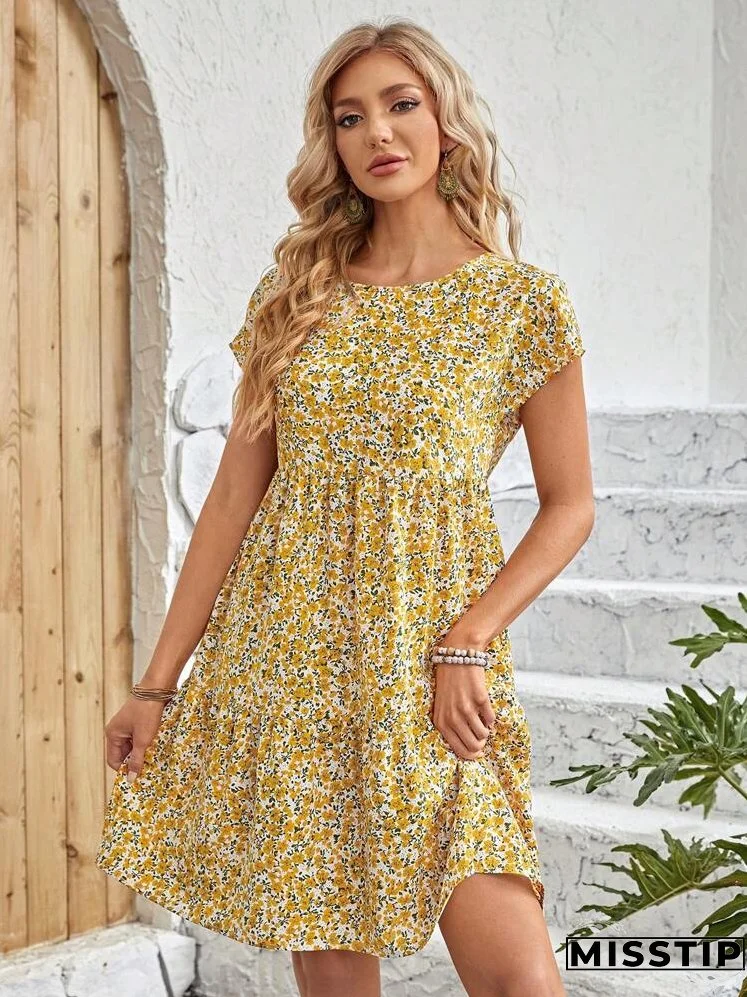 Ditsy Floral Print Batwing Sleeve Smock Dress