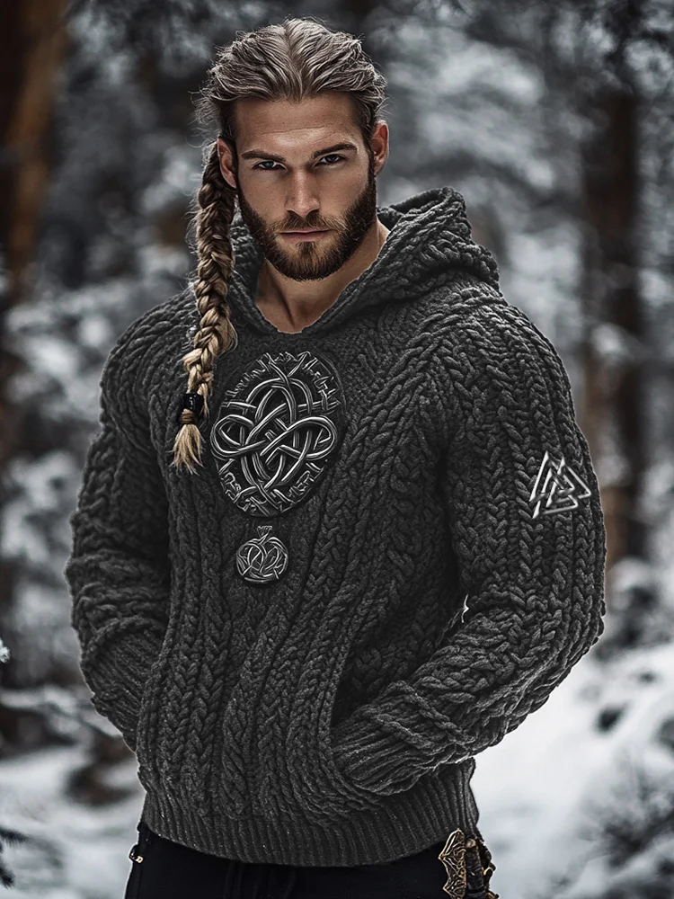 VChics Men's Viking Tribal Jacquard Celtic Inspired Chunky Knit Hooded Sweater
