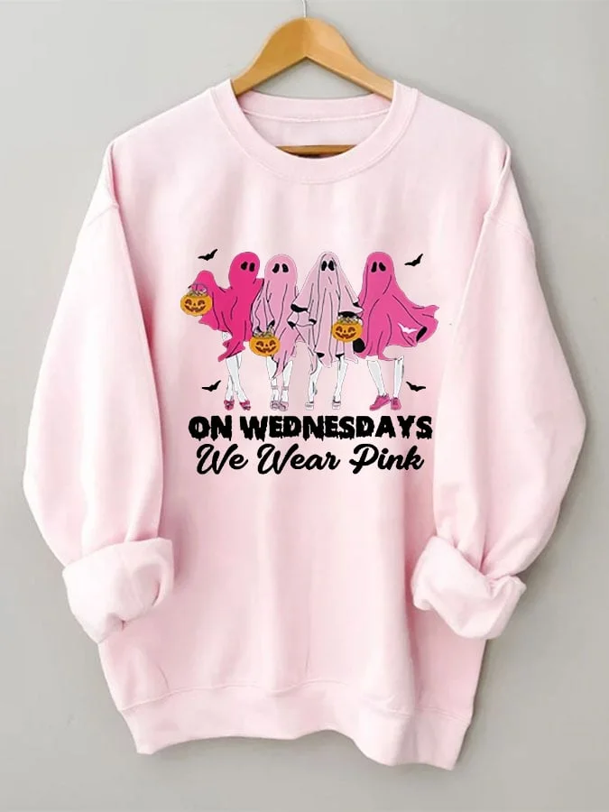 Women's Halloween Breast Cancer On Wednesday We Wear Pink Cute Ghost Print Sweatshirt socialshop