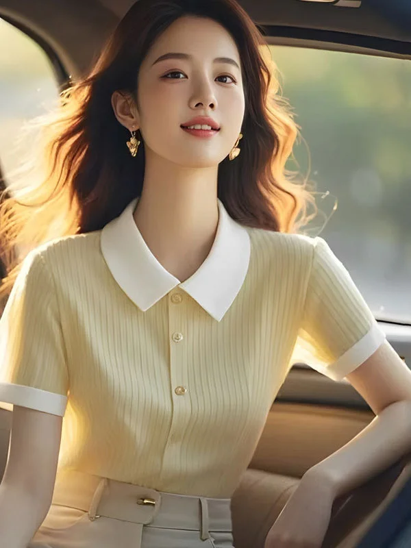 Athvotar Athvotar Ice Silk Polo Collar Knitted Shirt For Women 2025 Summer New Commuter Shoulder Short-Sleeved T-Shirt Euro Shirt