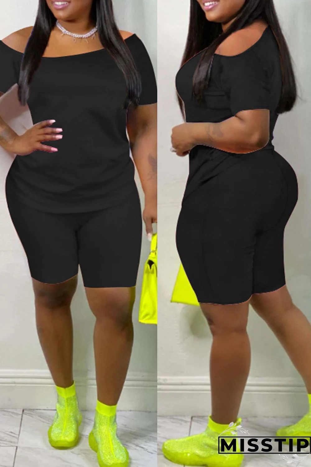 Yellow Fashion Casual Solid Basic Plus Size Two Pieces