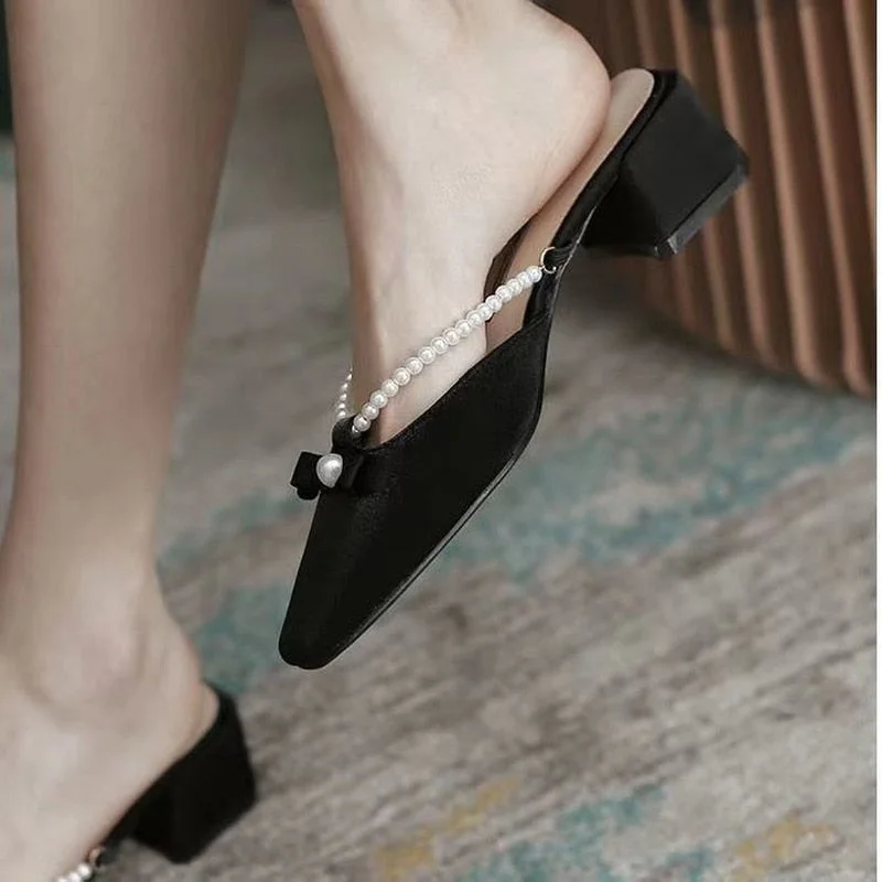  2022 Women Shoe Pumps High Square Heel Fairy Sandals Korean Designer Casual Platform French Mules