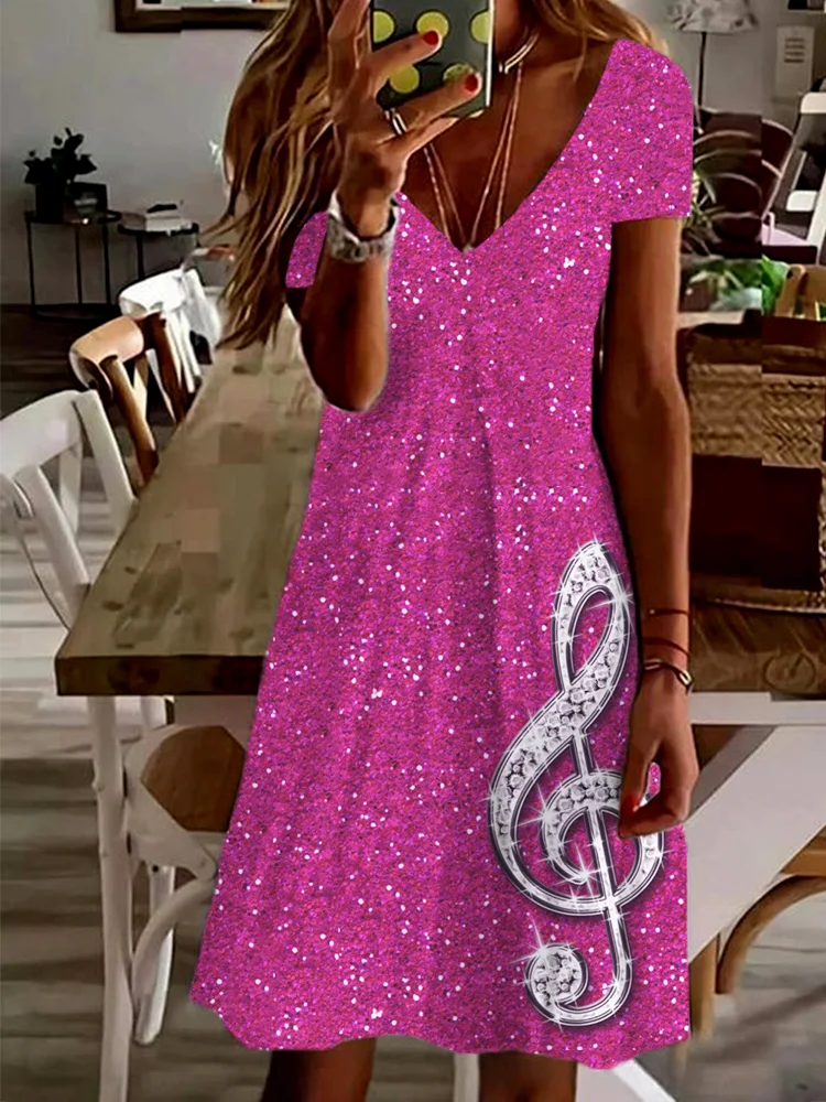 Glitter Treble Clef Art Music Lover V Neck Midi Dress