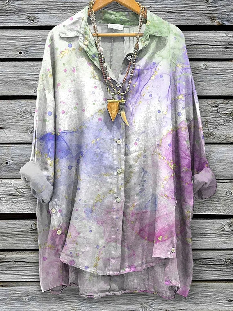 Women's Watercolor Painting Glitter Spring Print Casual Cotton And Linen Shirt