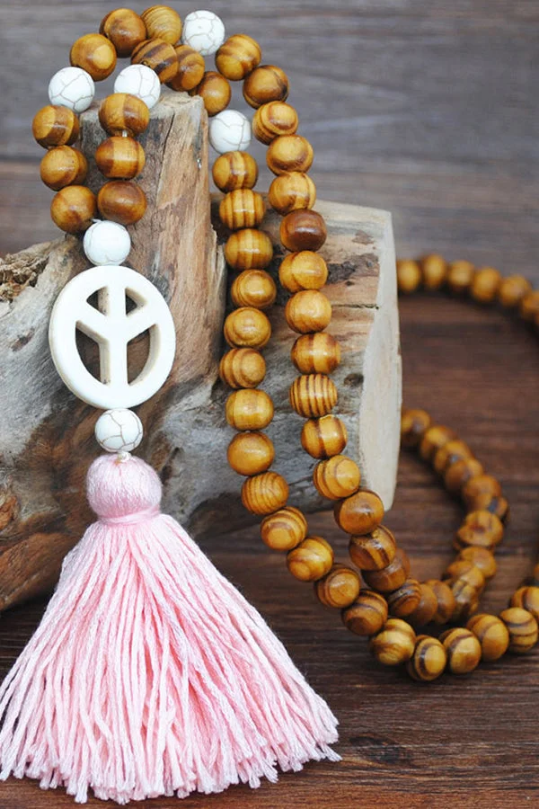 Handmade Wooden Beaded Tassel Sweater Chain - Pink Round Totem