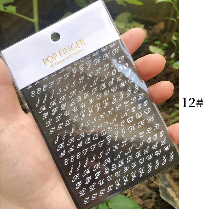 1 Sheet New Roman English Alphabet Number 3D Nail Stickers Christmas Animals iridescent Gold Silver Word Small Letters Nail