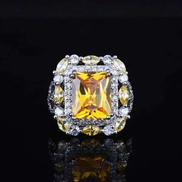 Natural Citrine Luxury Princess Square Diamond Ring