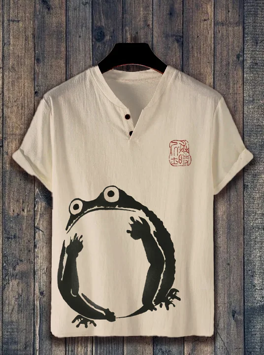 Men's Funny Frog Japanese Art Print Casual V Neck T-Shirt