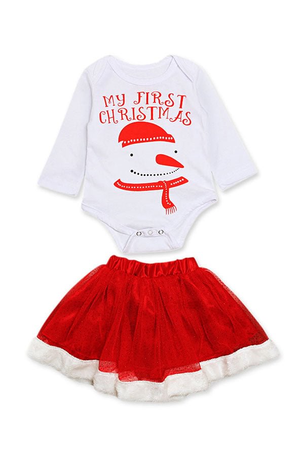Long Sleeve Snowman Print Romper Christmas Dress For Infant Girls Red-elleschic