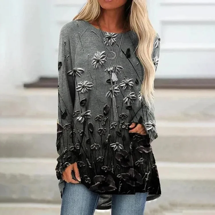 Floral Print Ombre Long Sleeve Casual Tunic