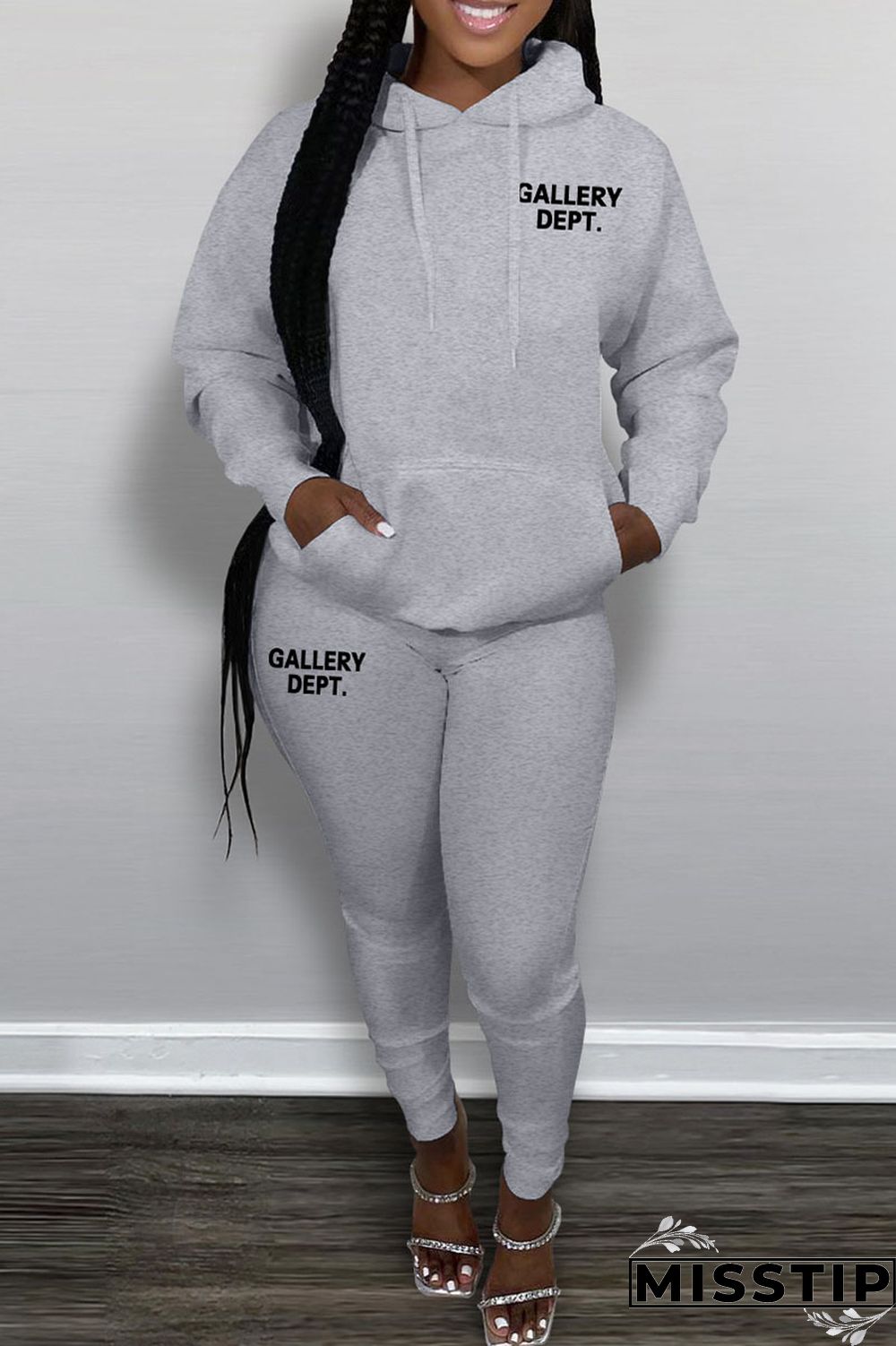 Black Casual Letter Print Patchwork Hooded Collar Long Sleeve Two Pieces