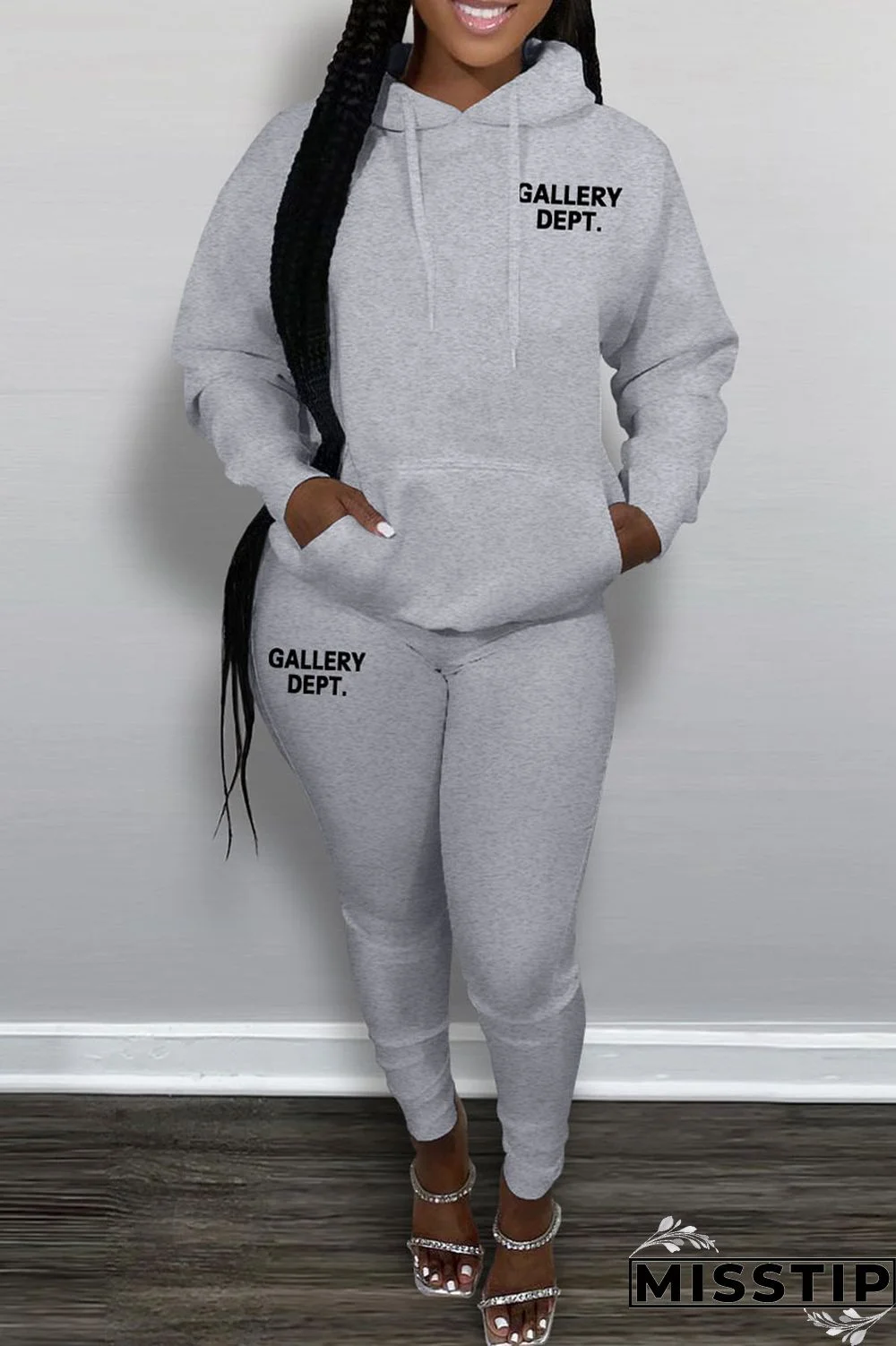 Black Casual Letter Print Patchwork Hooded Collar Long Sleeve Two Pieces