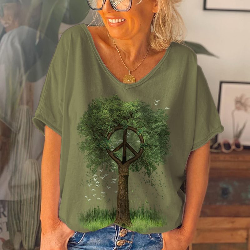 Oversize Retrotefe Hippies Symbol Tree Graphic Women T-shirt