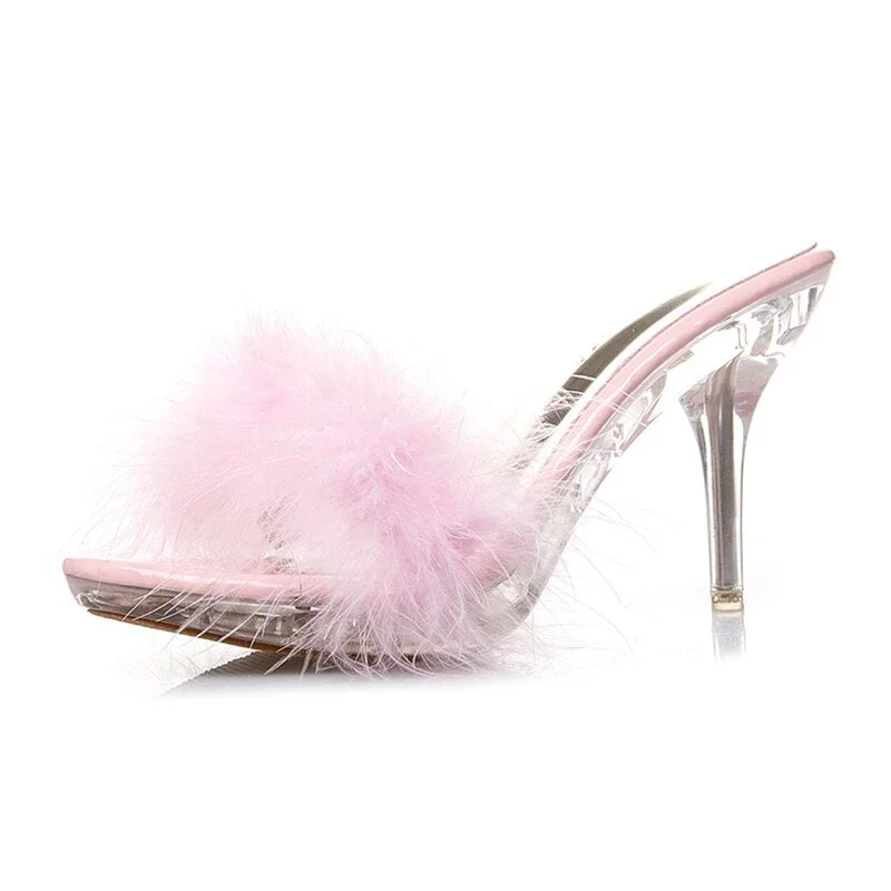 Sexy Stiletto Heels Fur Slippers For Women 2022 Summer Fashion Platform Sandals Woman Transparent Pvc Ladies Mules Shoes