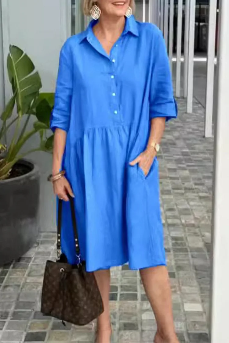 Casual Street Solid Color Pocket Buckle Turndown Collar A Line Dresses(5 Colors)