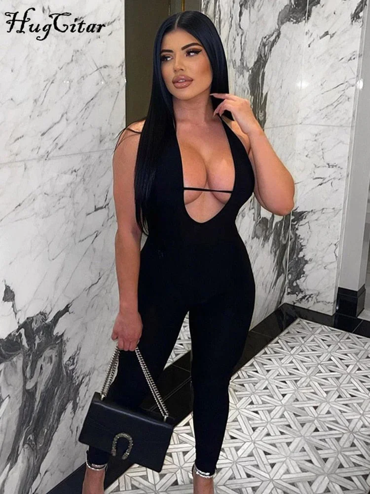 Hugcitar Women Solid Halter Backless Sleeveless Revealing Jumpsuit 2021 Fall Bodycon Skinny Fashion Y2K Overalls Outfits