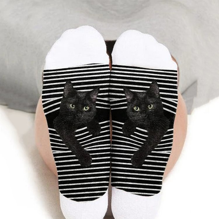 Comstylish Black And White Striped Animal Cat Print Tube Socks