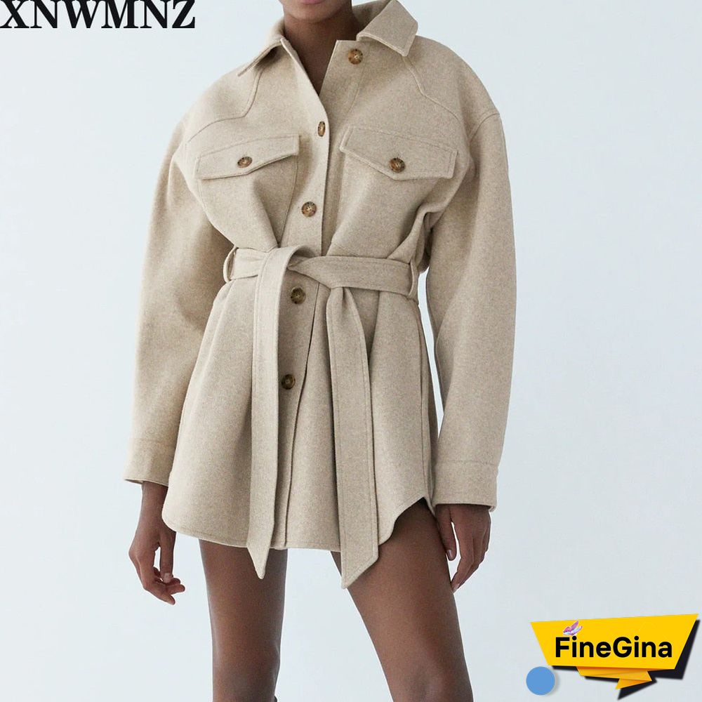 Women Fashion With Belt Loose Woolen Jacket Coat Vintage Long Sleeve Side Pockets Female Outerwear Chic Overcoat